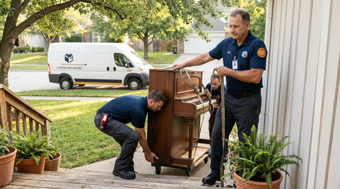Licensed piano movers securing grand piano in New Rochelle, NY