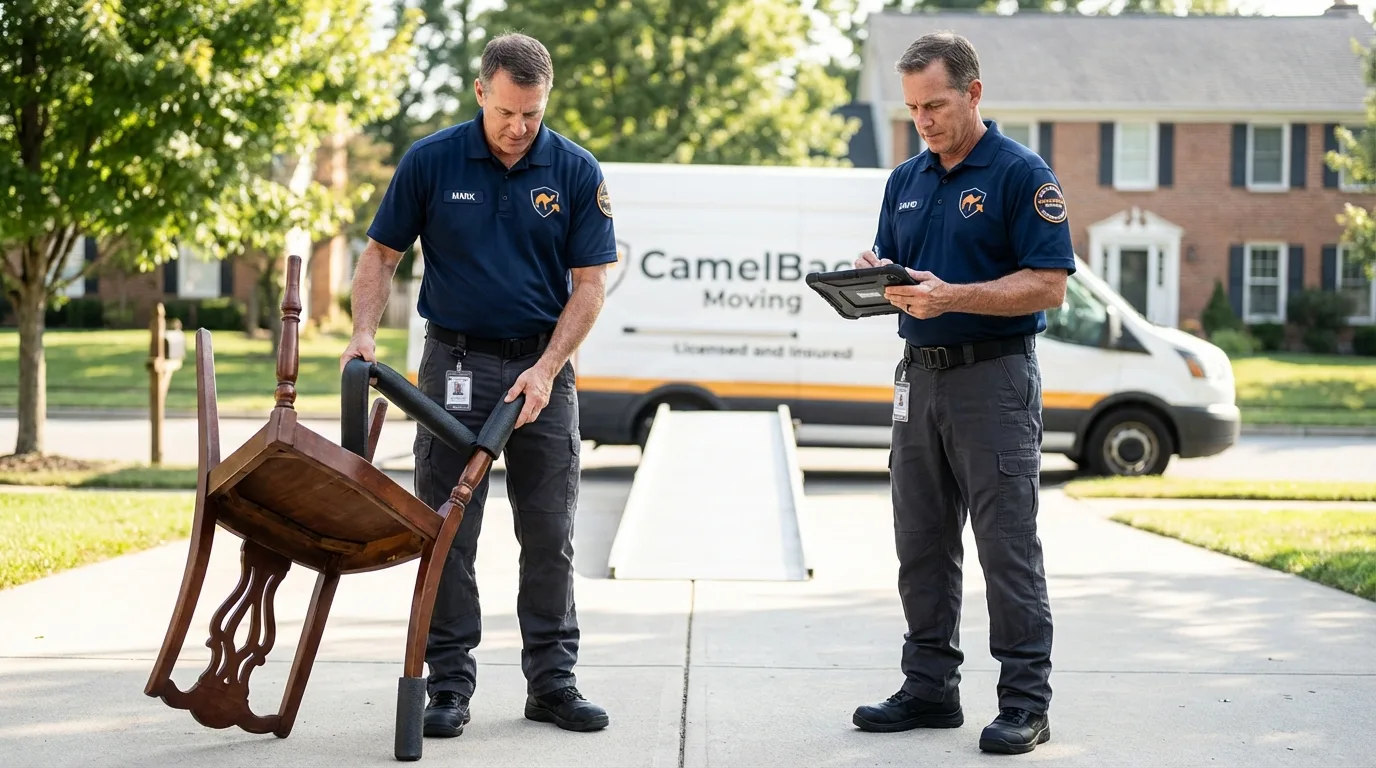 Movers inspecting furniture for damage prevention before loading in New Rochelle, NY