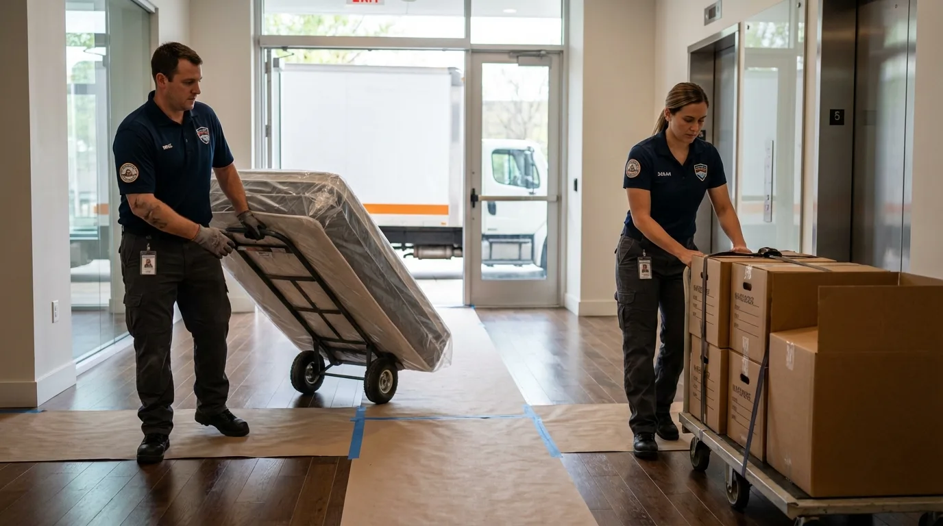 Professional apartment movers loading elevator in New Rochelle, NY