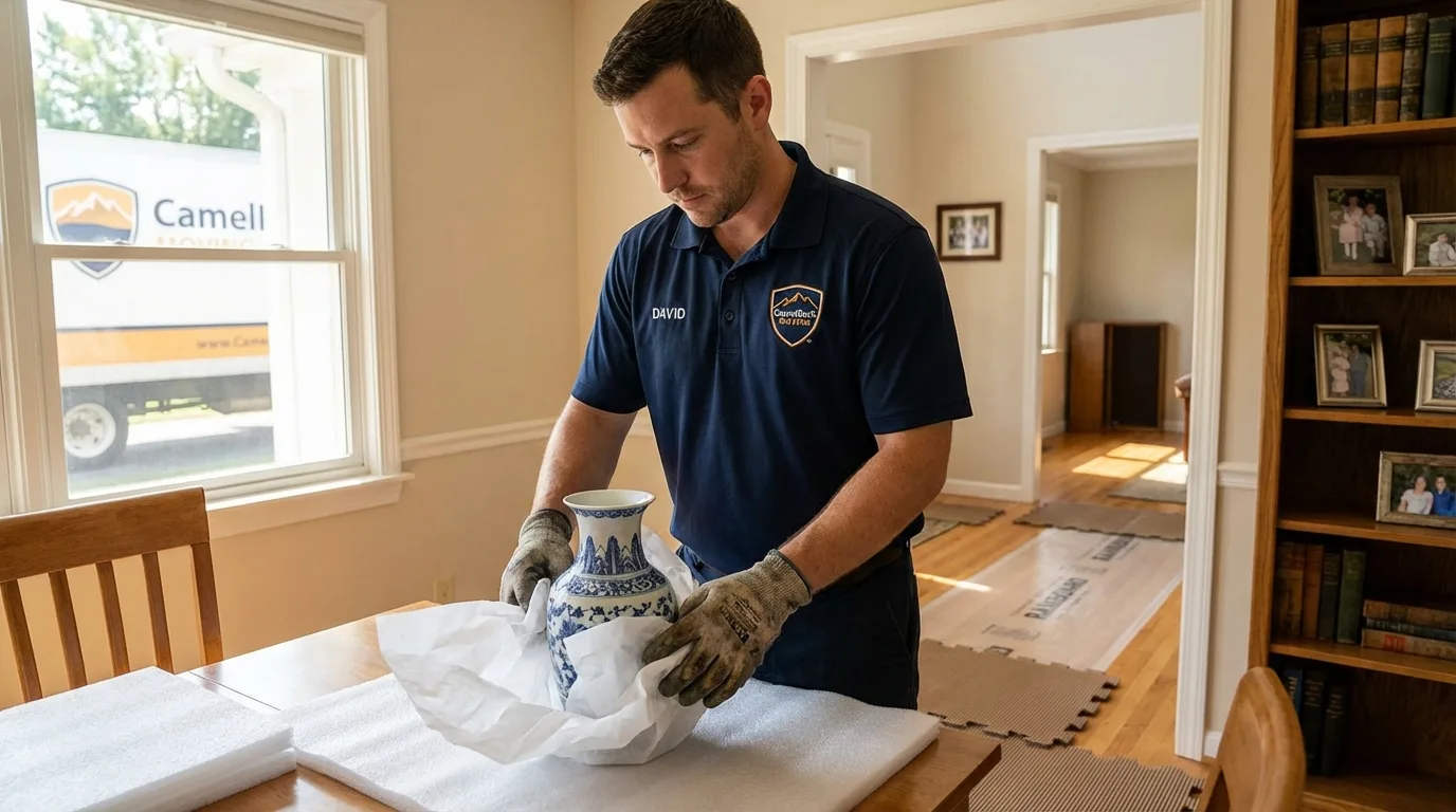 Professional crew carefully wrapping antique vase for senior downsizing move in New Rochelle, NY
